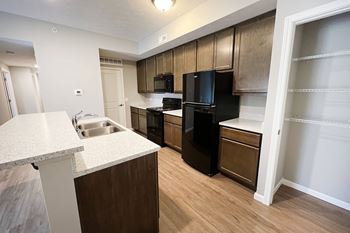 A kitchen with black appliances and wooden cabinets